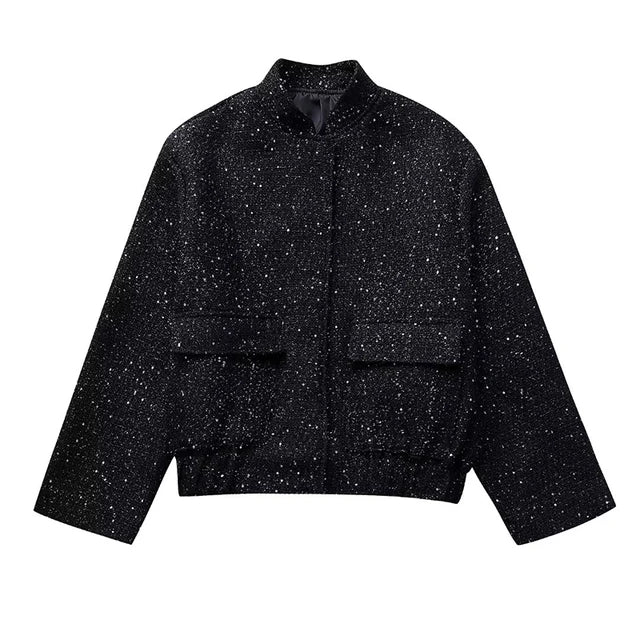 WOLFF - Elegante Damen Bomberjacke mit Pailletten in Gold und Stehkragen