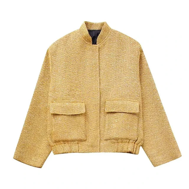 WOLFF - Elegante Damen Bomberjacke mit Pailletten in Gold und Stehkragen