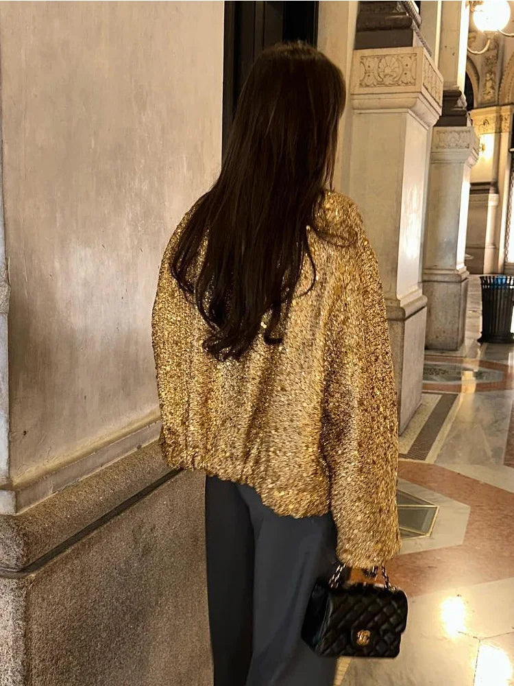 WOLFF - Elegante Damen Bomberjacke mit Pailletten in Gold und Stehkragen