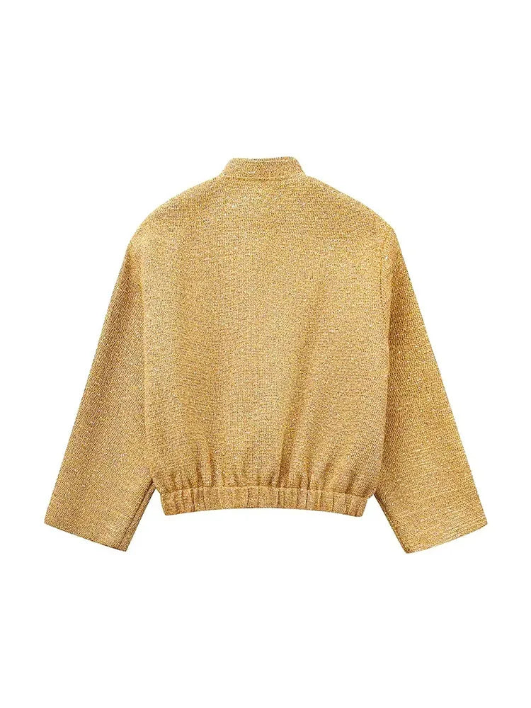 WOLFF - Elegante Damen Bomberjacke mit Pailletten in Gold und Stehkragen