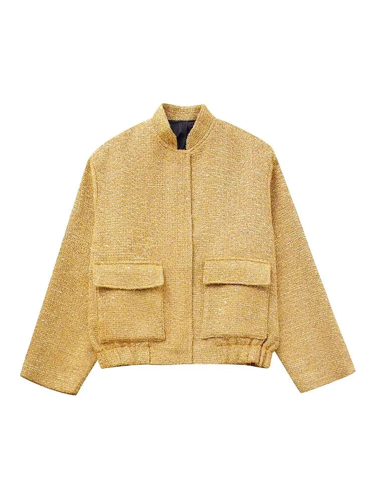 WOLFF - Elegante Damen Bomberjacke mit Pailletten in Gold und Stehkragen