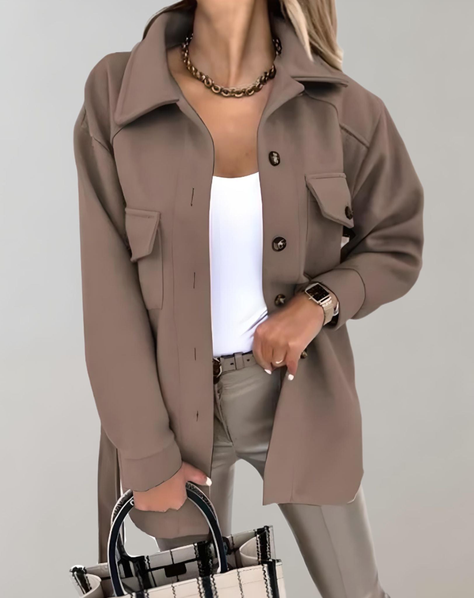 Elisa - Übergroße und lange Jacke mit Knopfleiste Krawatte und Taschen Jacke