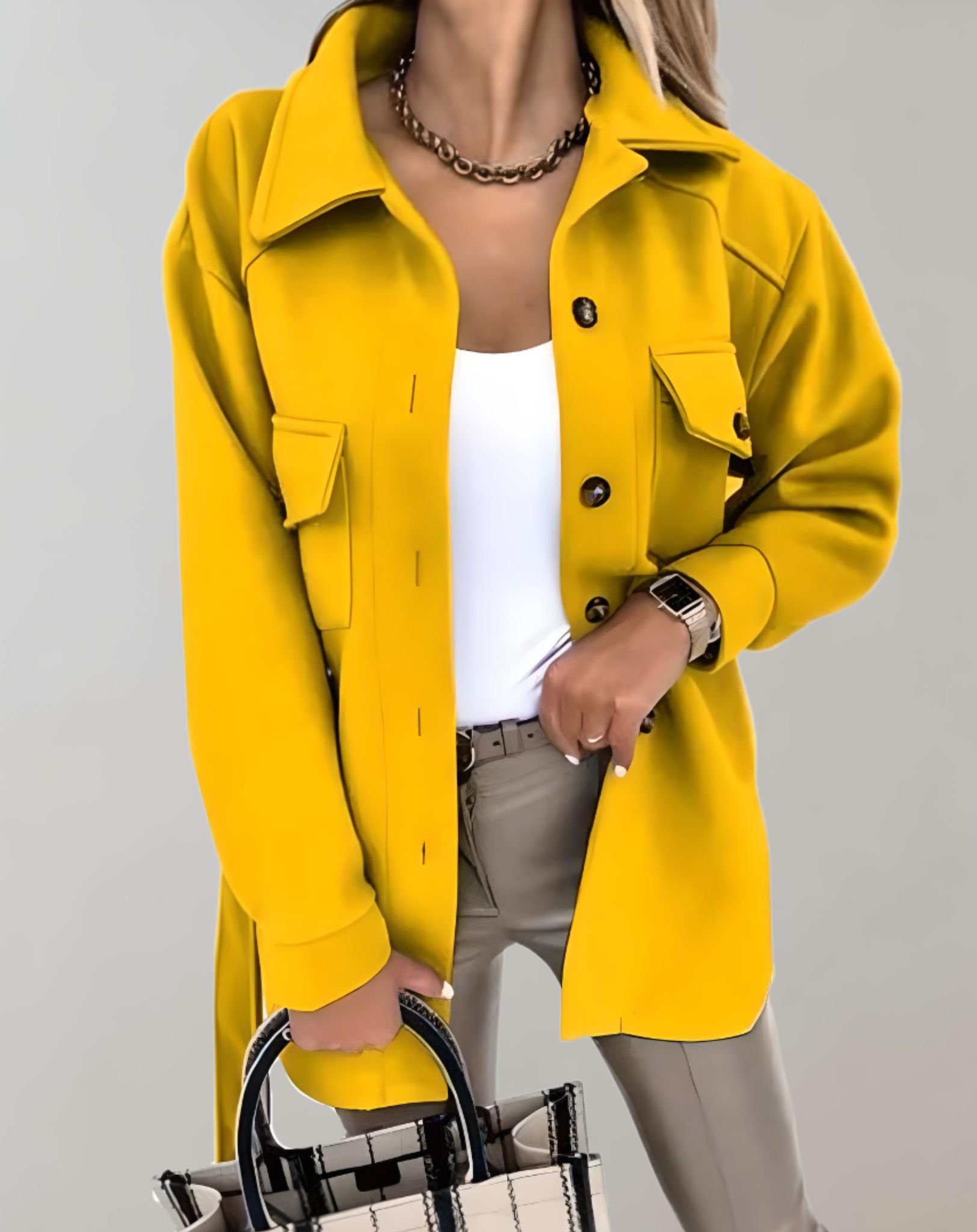 Elisa - Übergroße und lange Jacke mit Knopfleiste Krawatte und Taschen Jacke