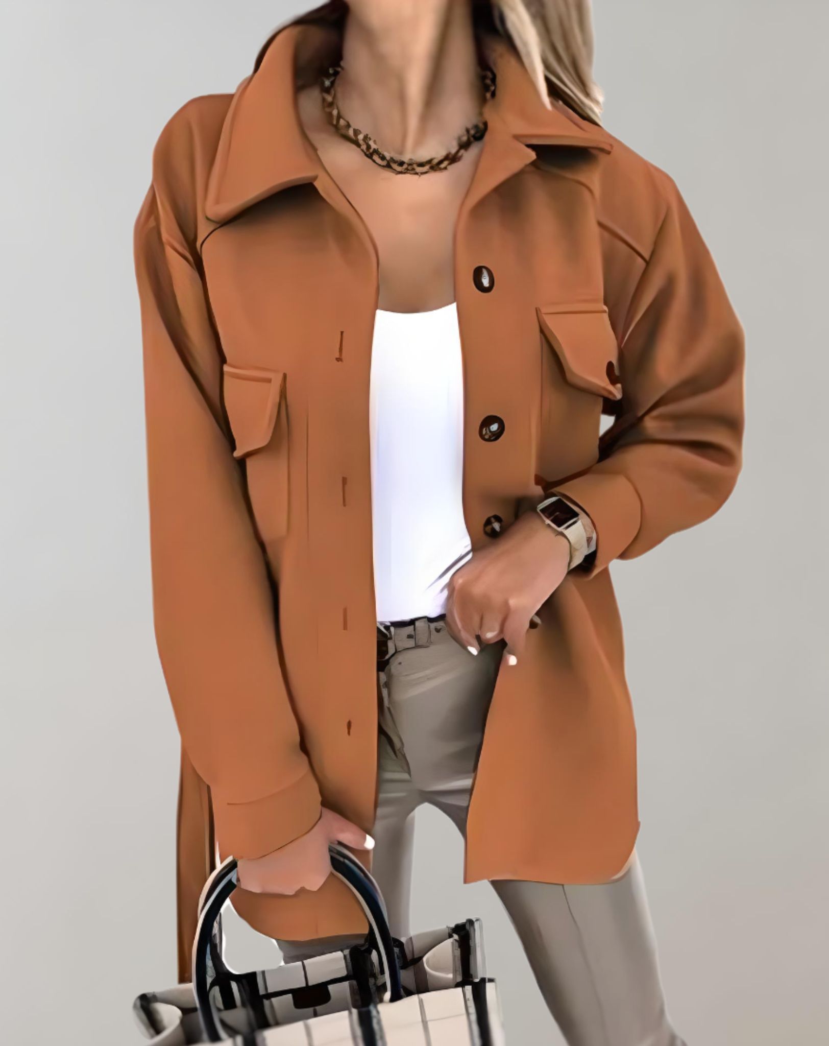 Elisa - Übergroße und lange Jacke mit Knopfleiste Krawatte und Taschen Jacke