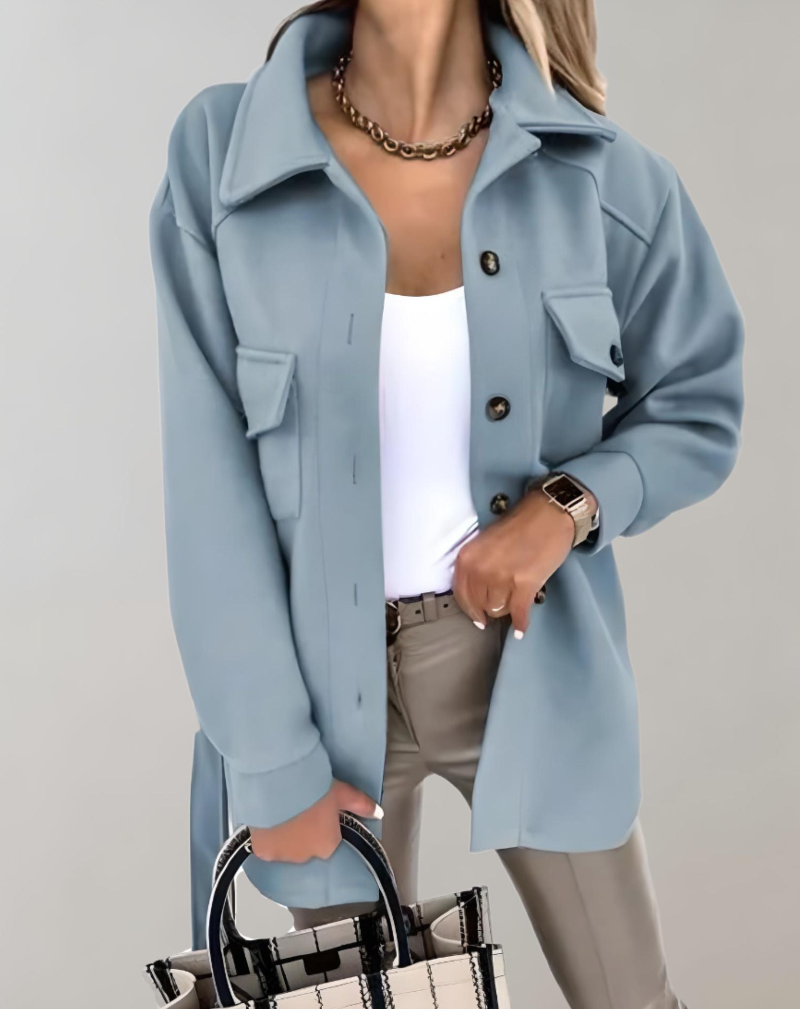 Elisa - Übergroße und lange Jacke mit Knopfleiste Krawatte und Taschen Jacke