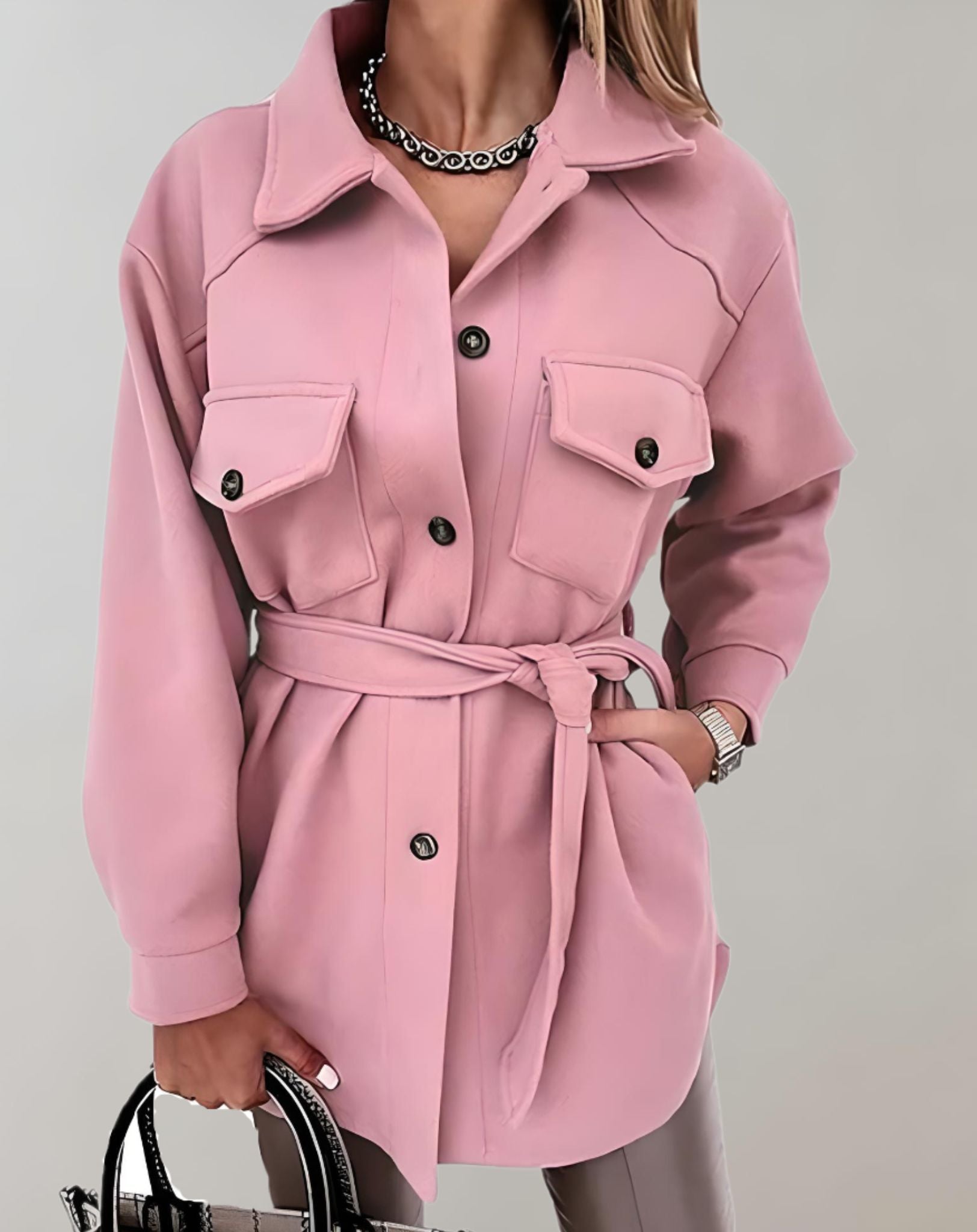 Elisa - Übergroße und lange Jacke mit Knopfleiste Krawatte und Taschen Jacke