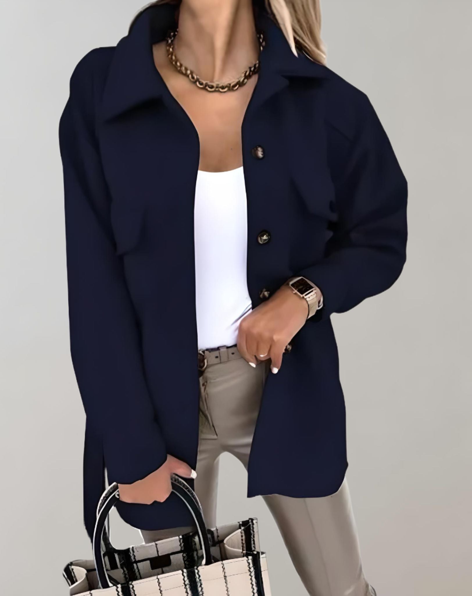 Elisa - Übergroße und lange Jacke mit Knopfleiste Krawatte und Taschen Jacke