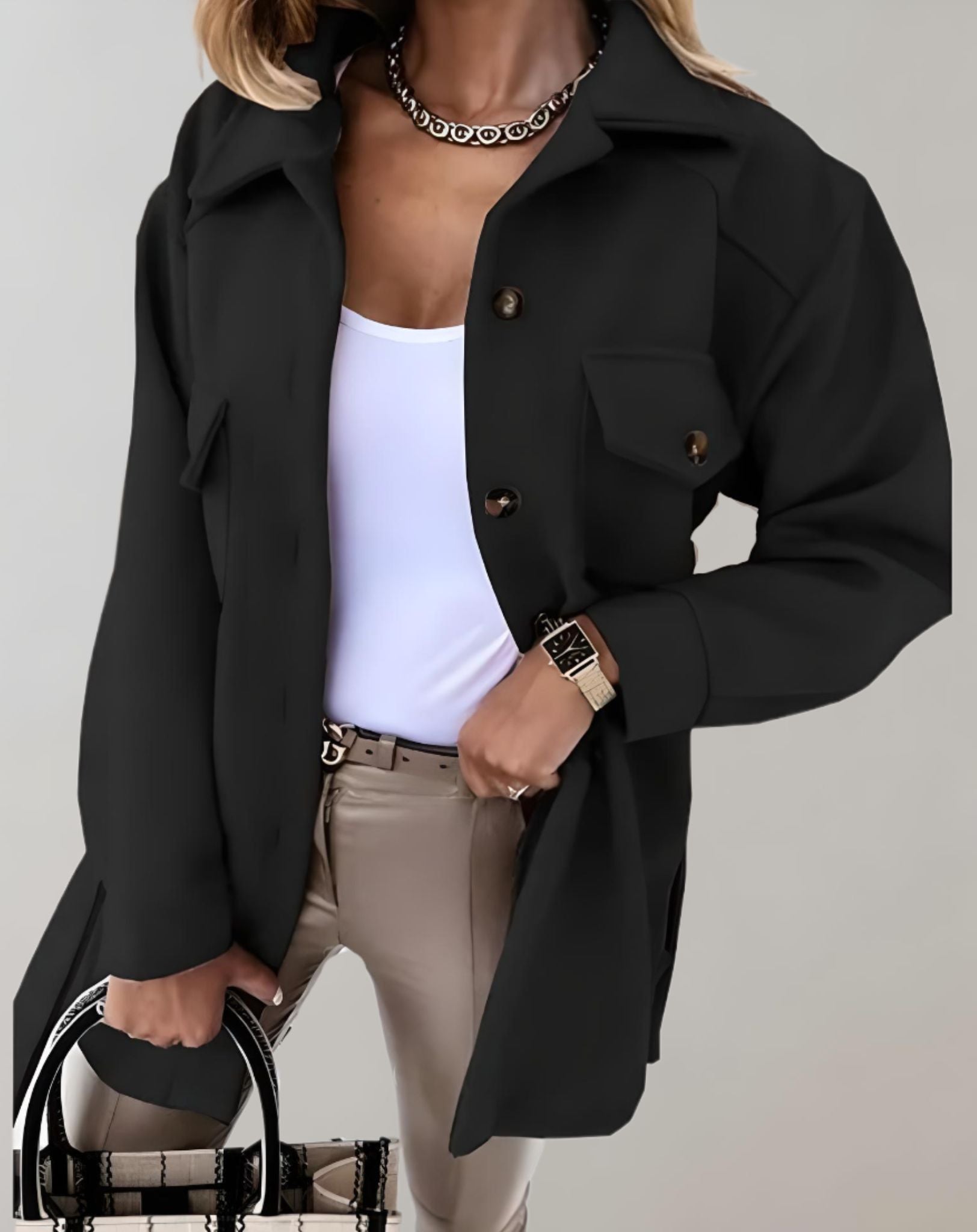 Elisa - Übergroße und lange Jacke mit Knopfleiste Krawatte und Taschen Jacke