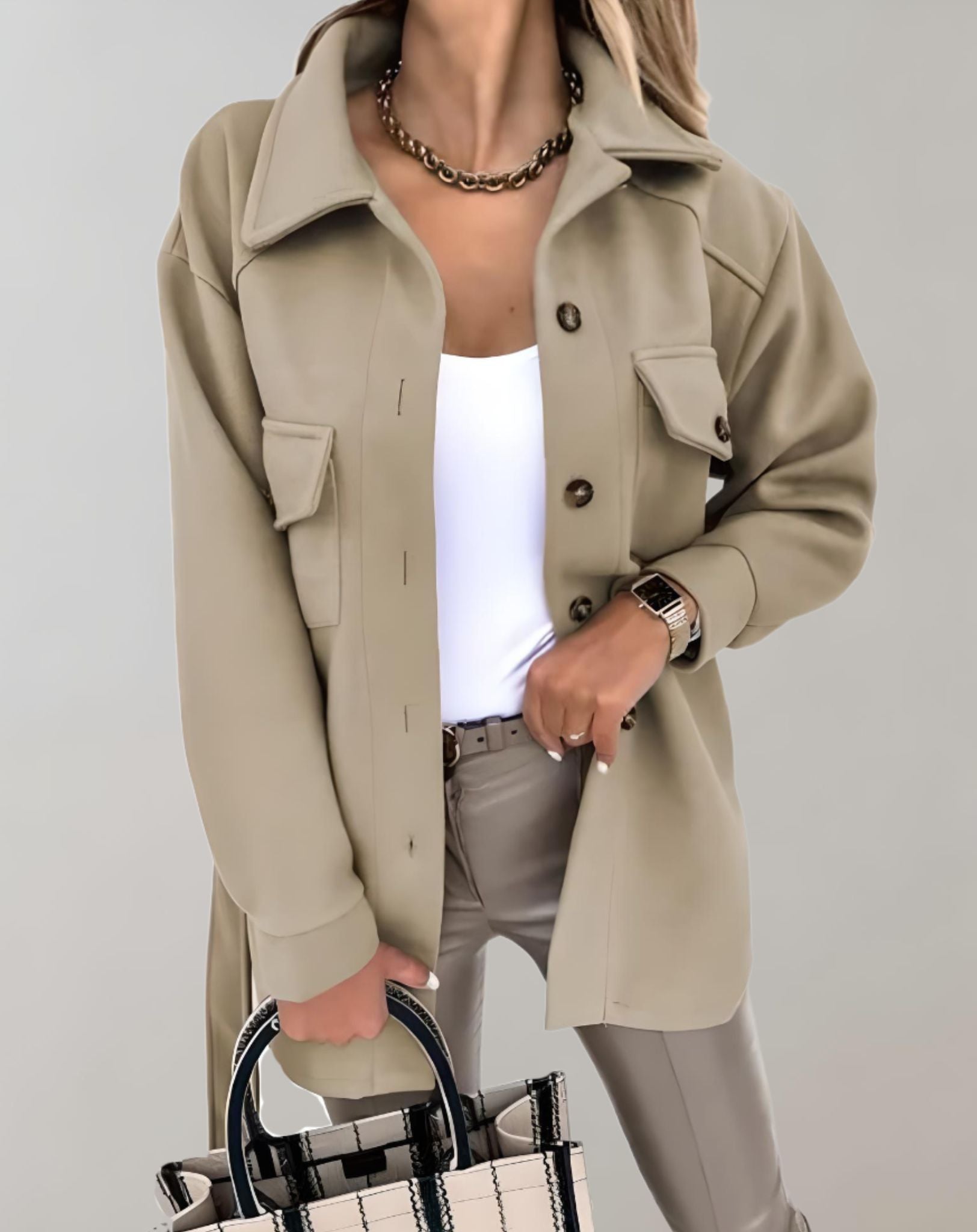 Elisa - Übergroße und lange Jacke mit Knopfleiste Krawatte und Taschen Jacke