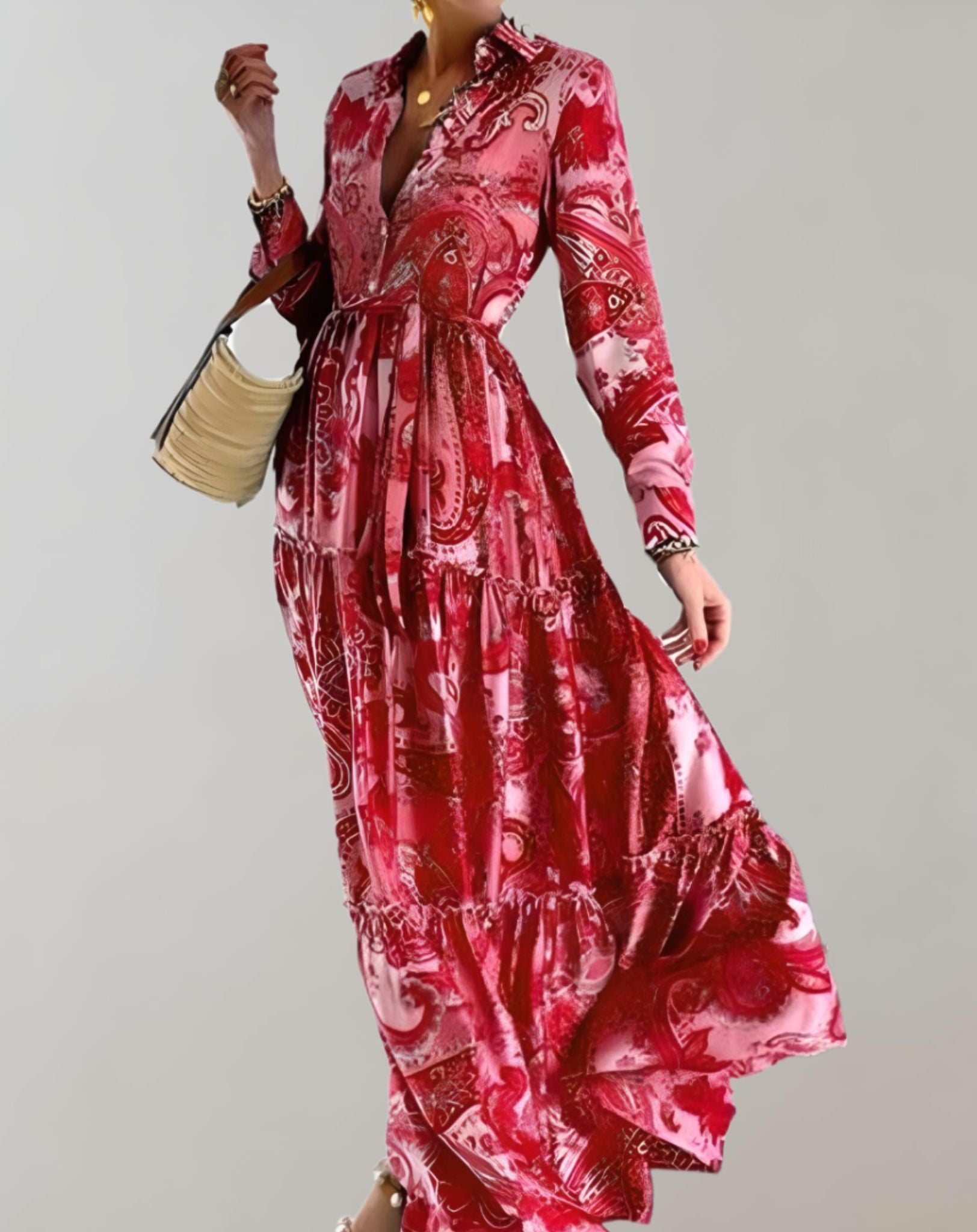 Saylor - Langes Kleid mit tiefem V Ausschnitt langen Ärmeln und weichem Stoff Kleid