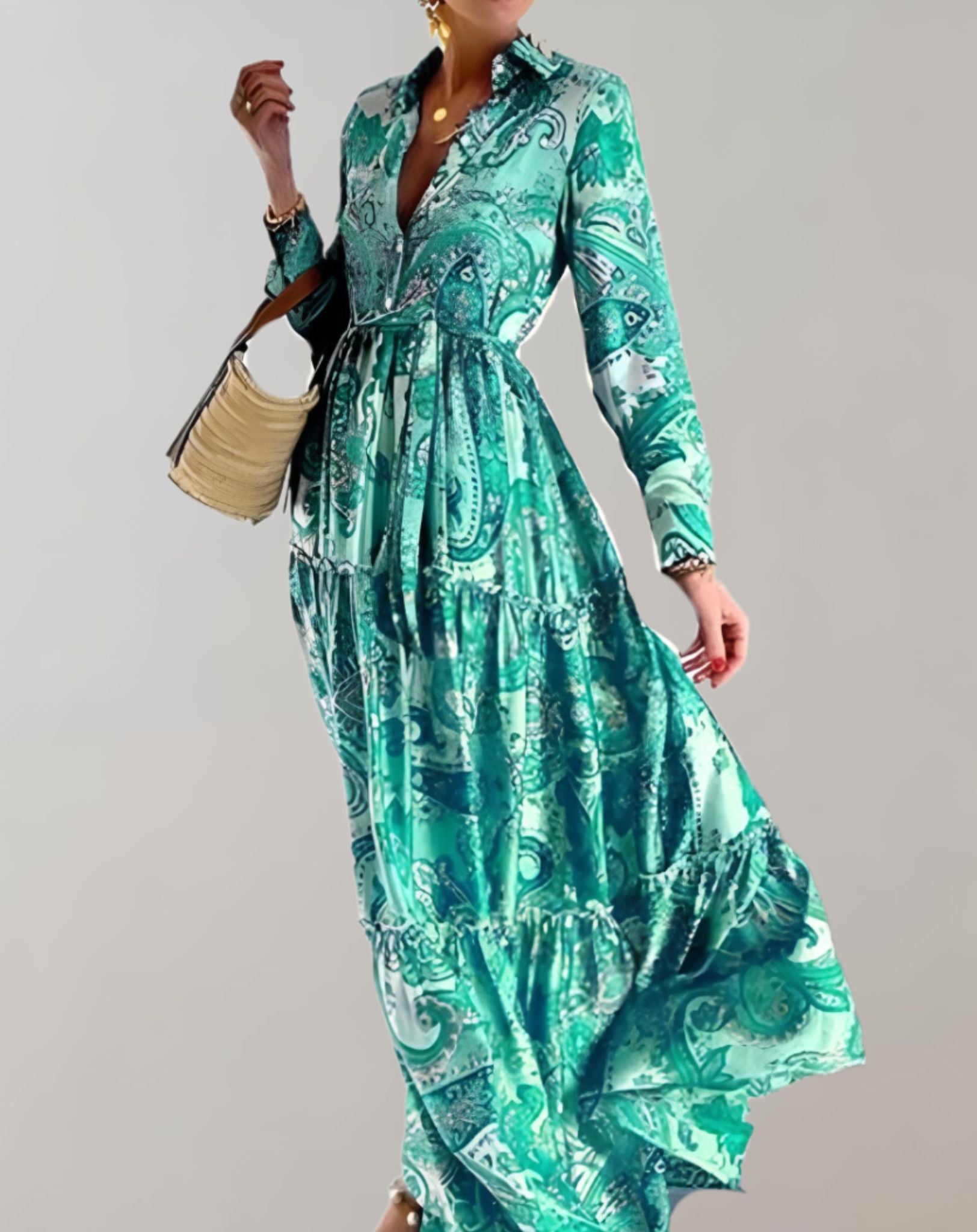 Saylor - Langes Kleid mit tiefem V Ausschnitt langen Ärmeln und weichem Stoff Kleid