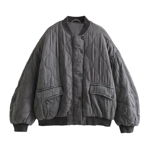 Modische Graue Damen Bomberjacke mit Lockerem Schnitt