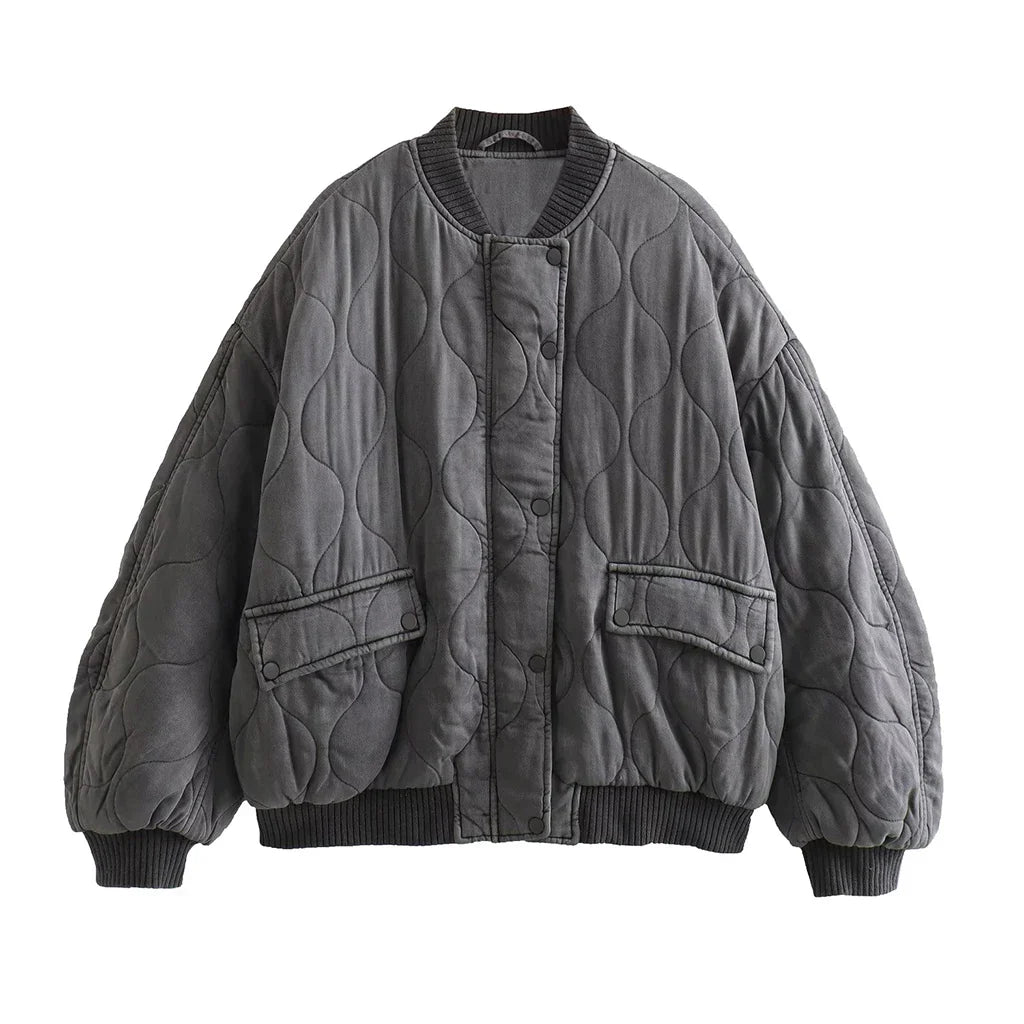 Modische Graue Damen Bomberjacke mit Lockerem Schnitt