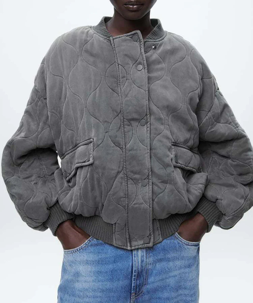 Modische Graue Damen Bomberjacke mit Lockerem Schnitt