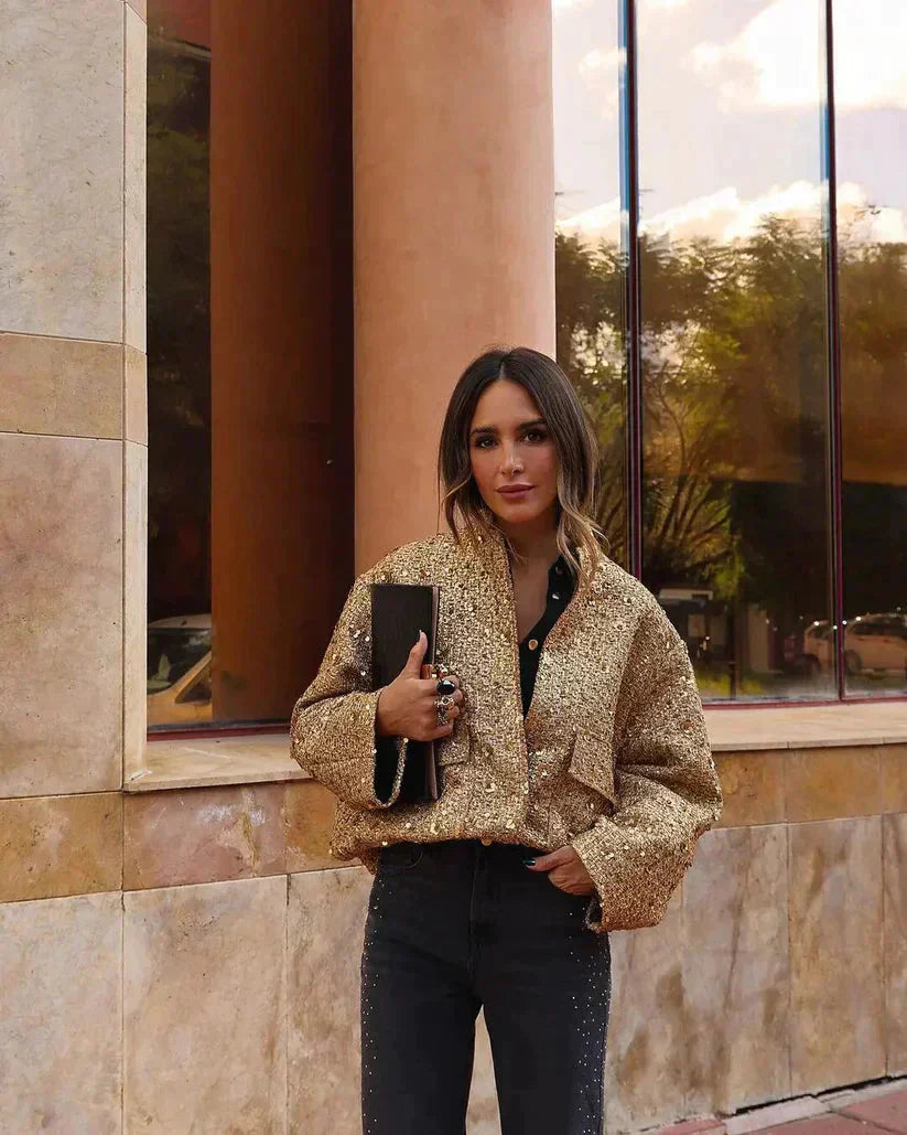 WOLFF - Glamouröse Pailletten-Bomberjacke - Lässige Oversized Jacke in Gold