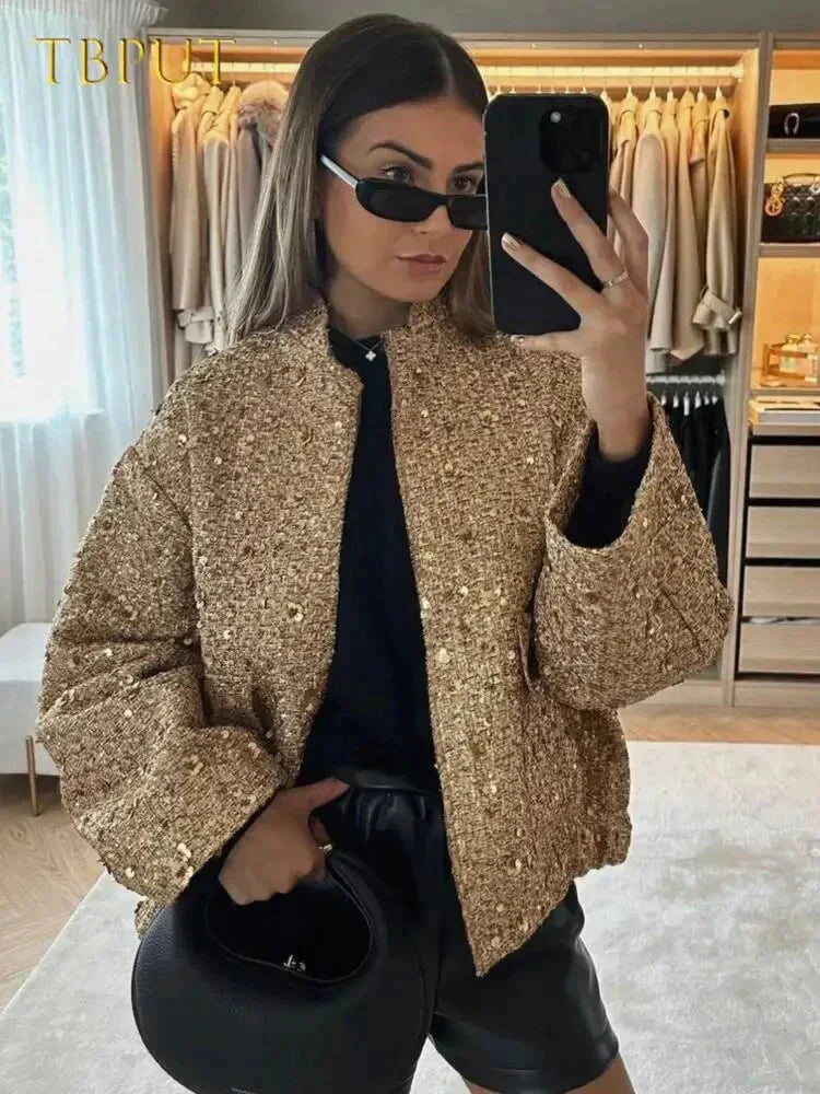 WOLFF - Glamouröse Pailletten-Bomberjacke - Lässige Oversized Jacke in Gold