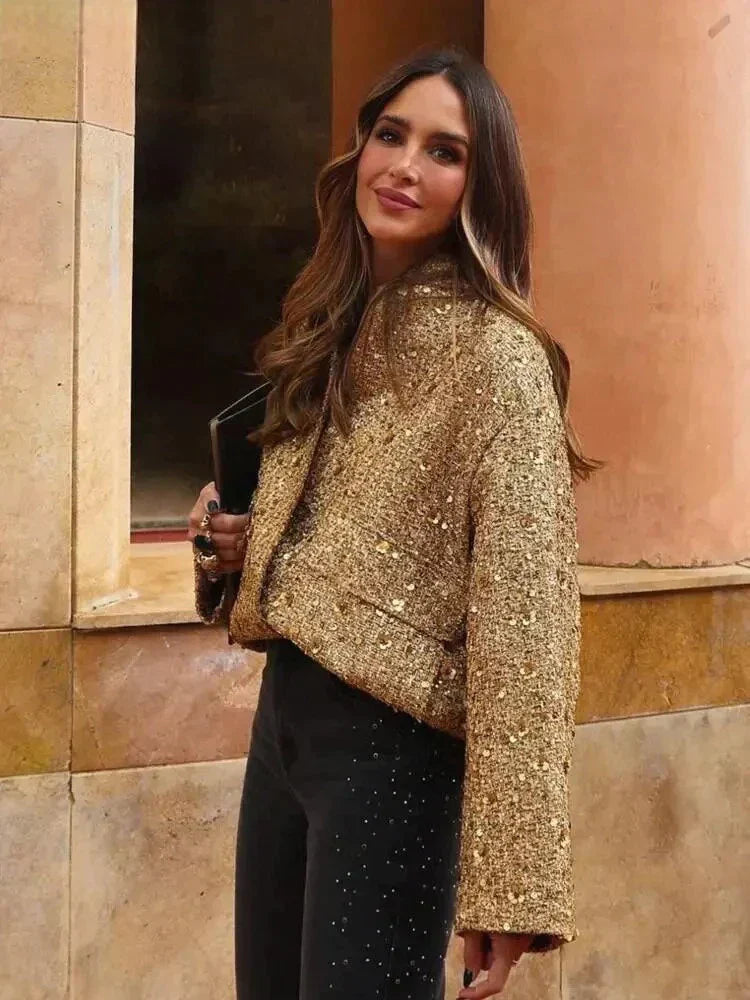 WOLFF - Glamouröse Pailletten-Bomberjacke - Lässige Oversized Jacke in Gold