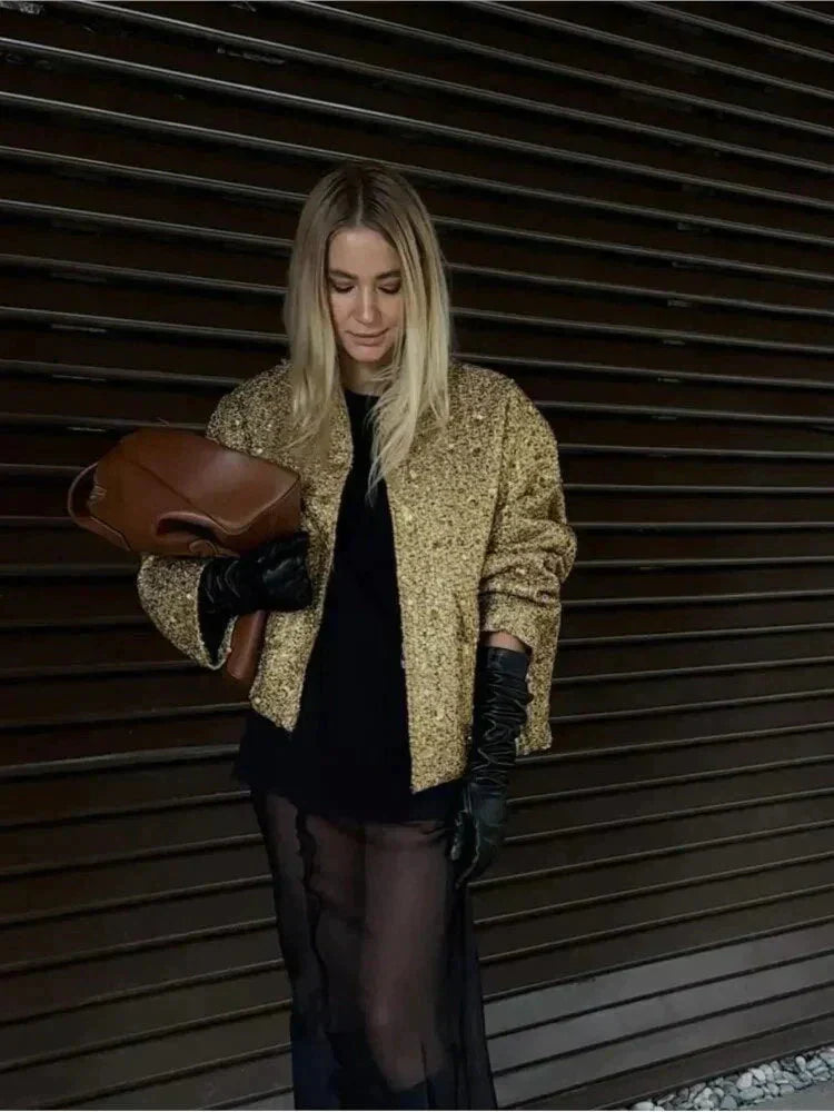 WOLFF - Glamouröse Pailletten-Bomberjacke - Lässige Oversized Jacke in Gold