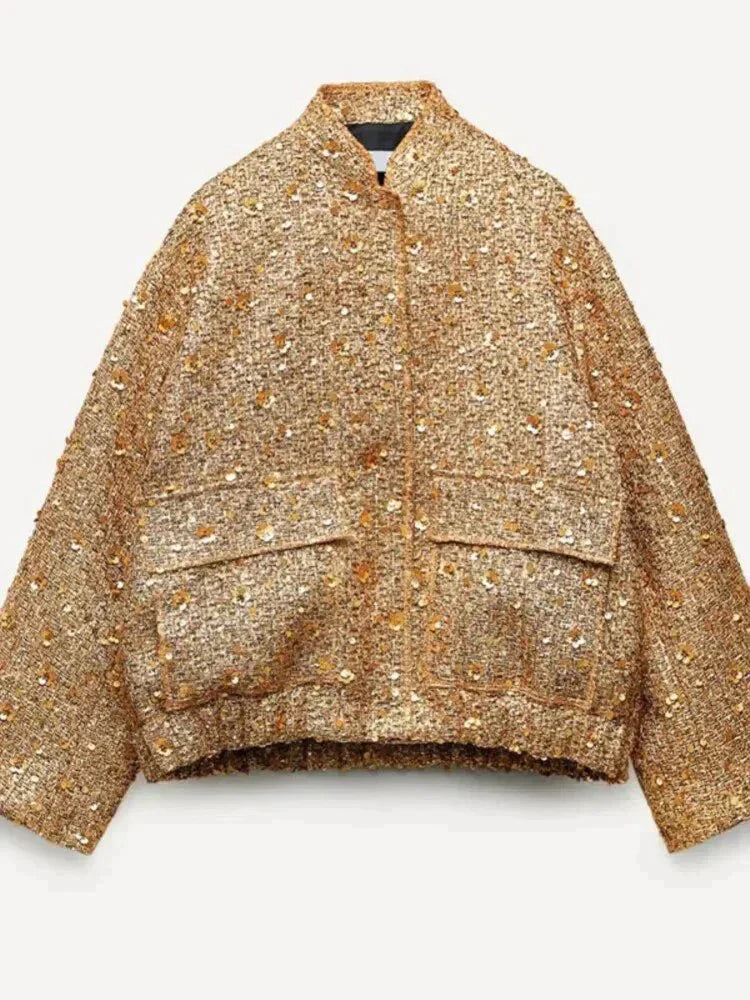 WOLFF - Glamouröse Pailletten-Bomberjacke - Lässige Oversized Jacke in Gold
