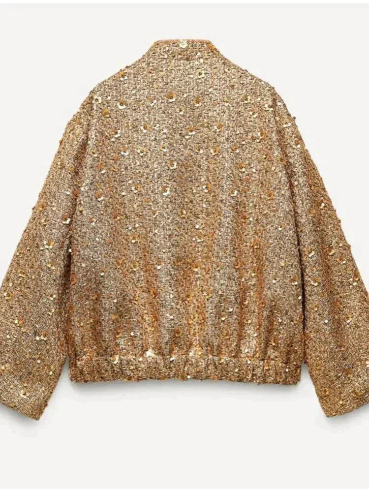 WOLFF - Glamouröse Pailletten-Bomberjacke - Lässige Oversized Jacke in Gold