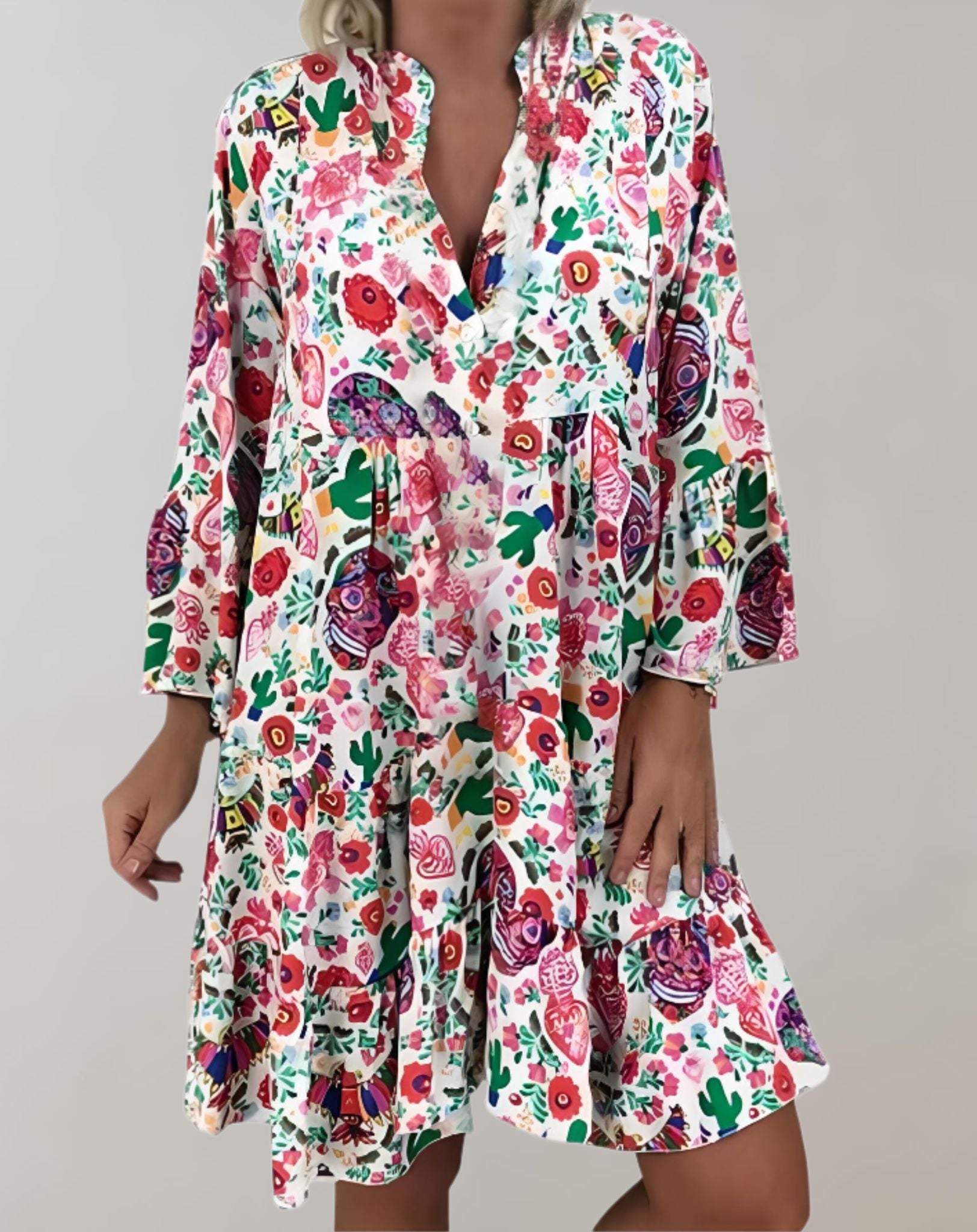 Glydel - Lockeres Minikleid mit tiefem V Ausschnitt und zufälligem Druckdesign Kleid