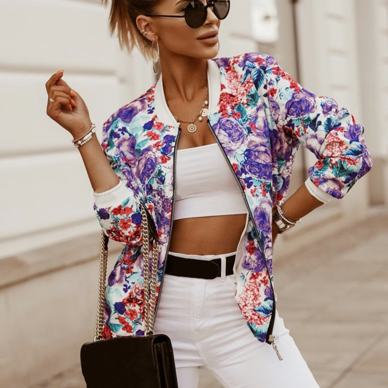 Elegante Blumen-Bomberjacke für Damen: Vintage Design mit Reißverschluss, Langarm und schlanker Passform in 4 Farben