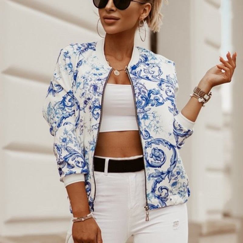 Elegante Blumen-Bomberjacke für Damen: Vintage Design mit Reißverschluss, Langarm und schlanker Passform in 4 Farben