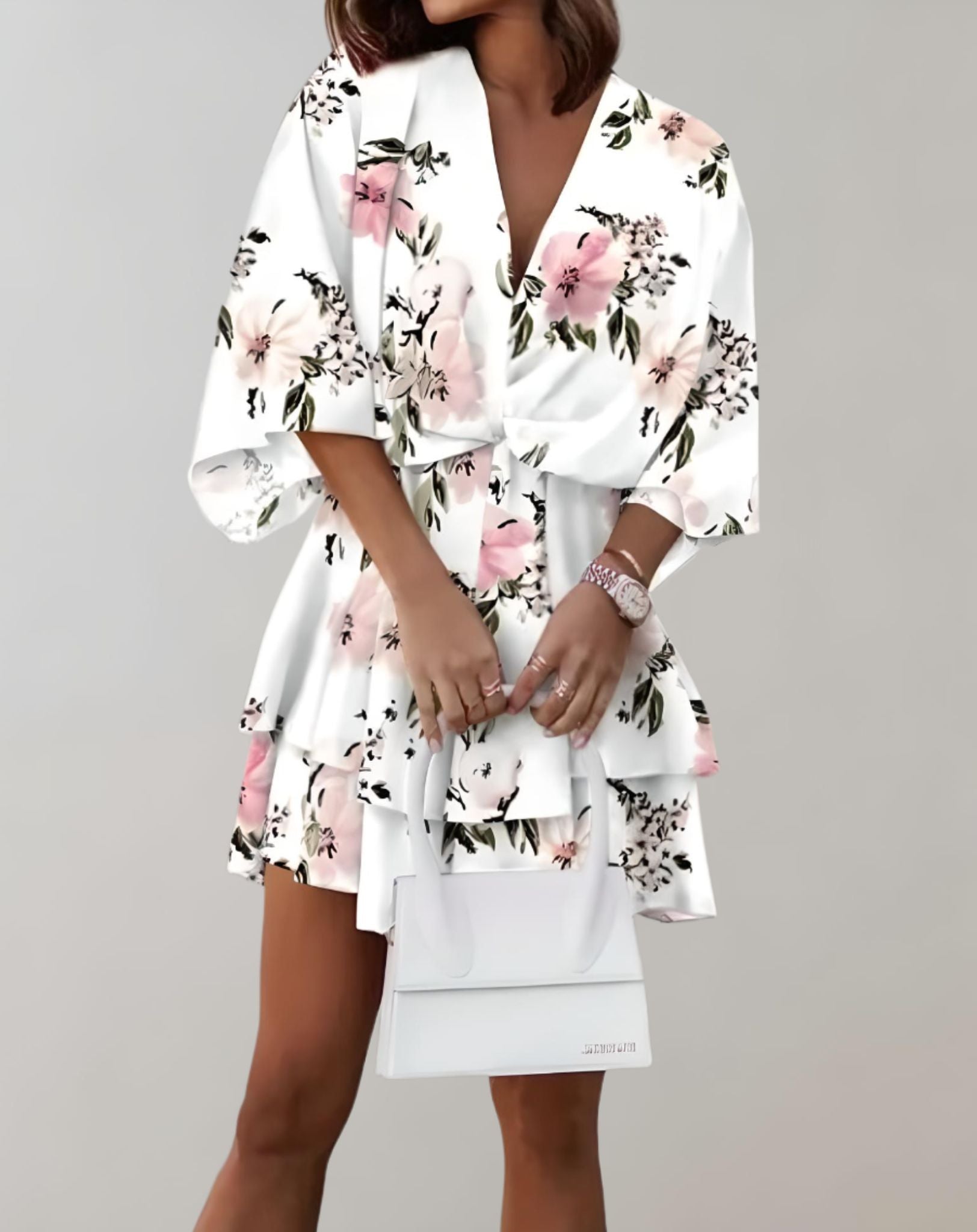 Iris - Minikleid mit tiefem V Ausschnitt weiten Ärmeln und zufälligem Design Kleid