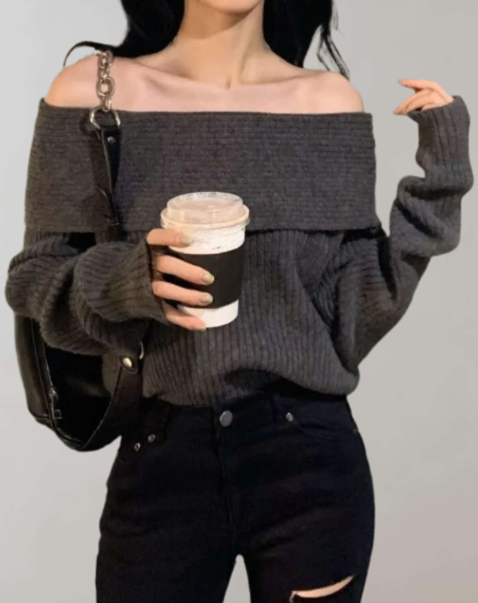 Jacky -  Schulterfreier gestrickter und lockerer Pullover Sweater
