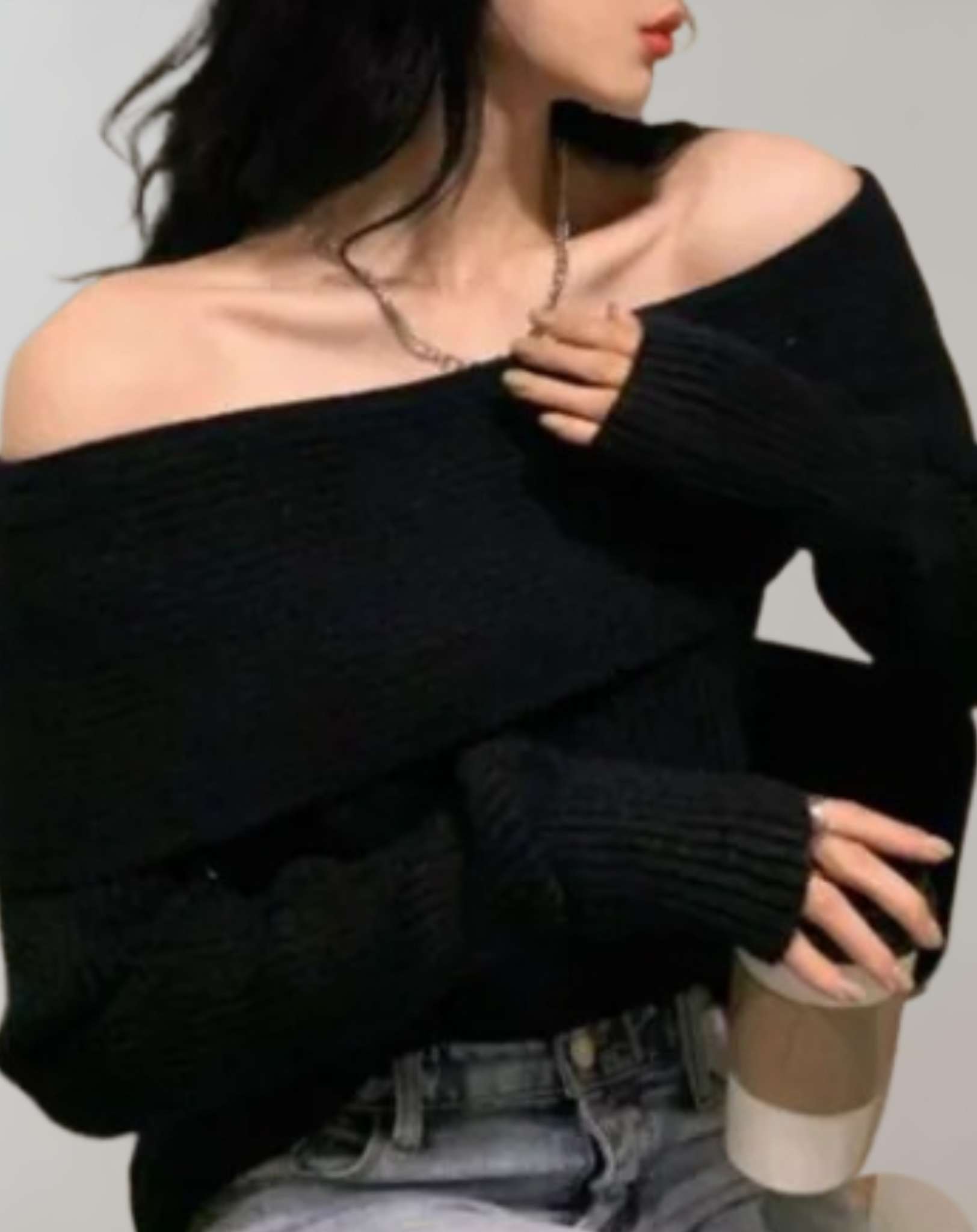 Jacky -  Schulterfreier gestrickter und lockerer Pullover Sweater
