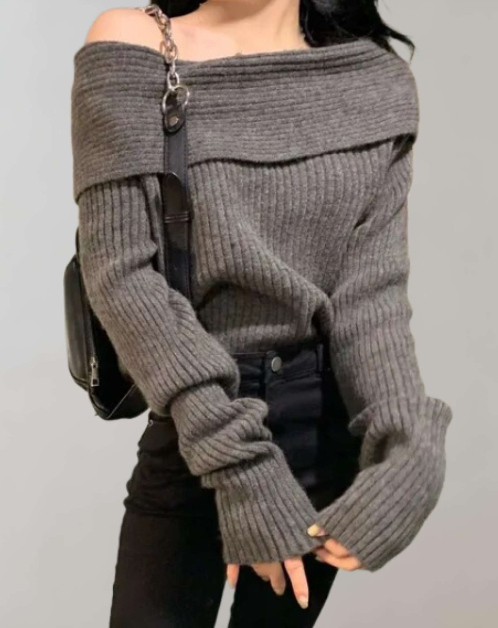 Jacky -  Schulterfreier gestrickter und lockerer Pullover Sweater