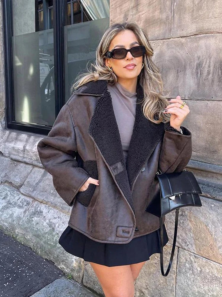 Fermina | Vintage-Chic Oversized-Jacke aus Kunstleder mit kuscheliger Fleece-Fütterung