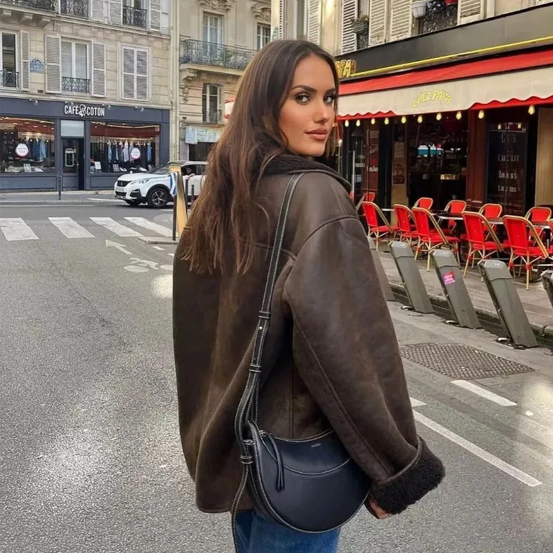 Fermina | Vintage-Chic Oversized-Jacke aus Kunstleder mit kuscheliger Fleece-Fütterung
