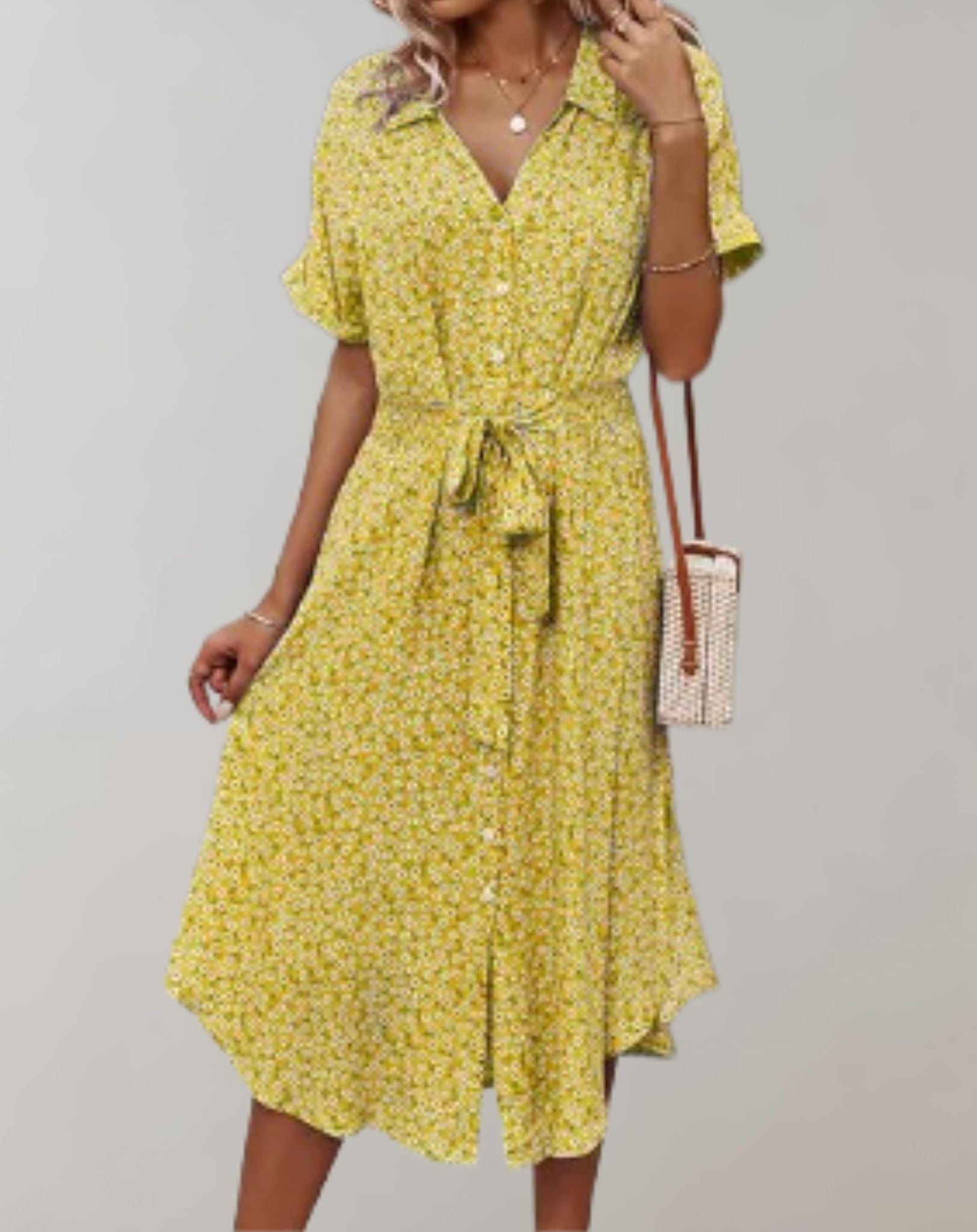 Kristine - Lockeres geknöpftes Kleid mit Schleifenband und Musterdruck Kleid