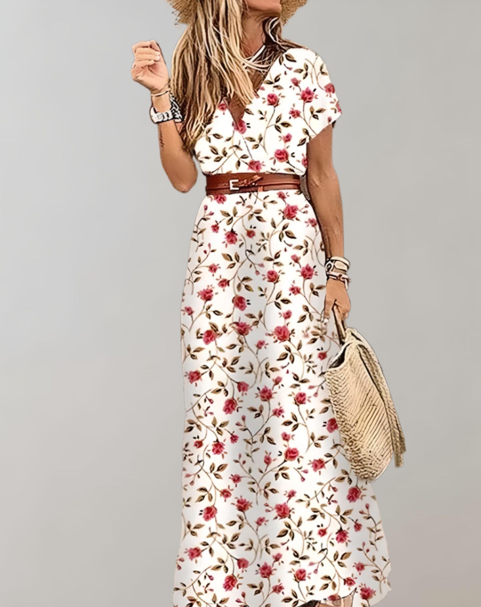 Lyka - Schmal geschnittenes langes Kleid mit hohem Schlitz und braunem Gürtel Kleid