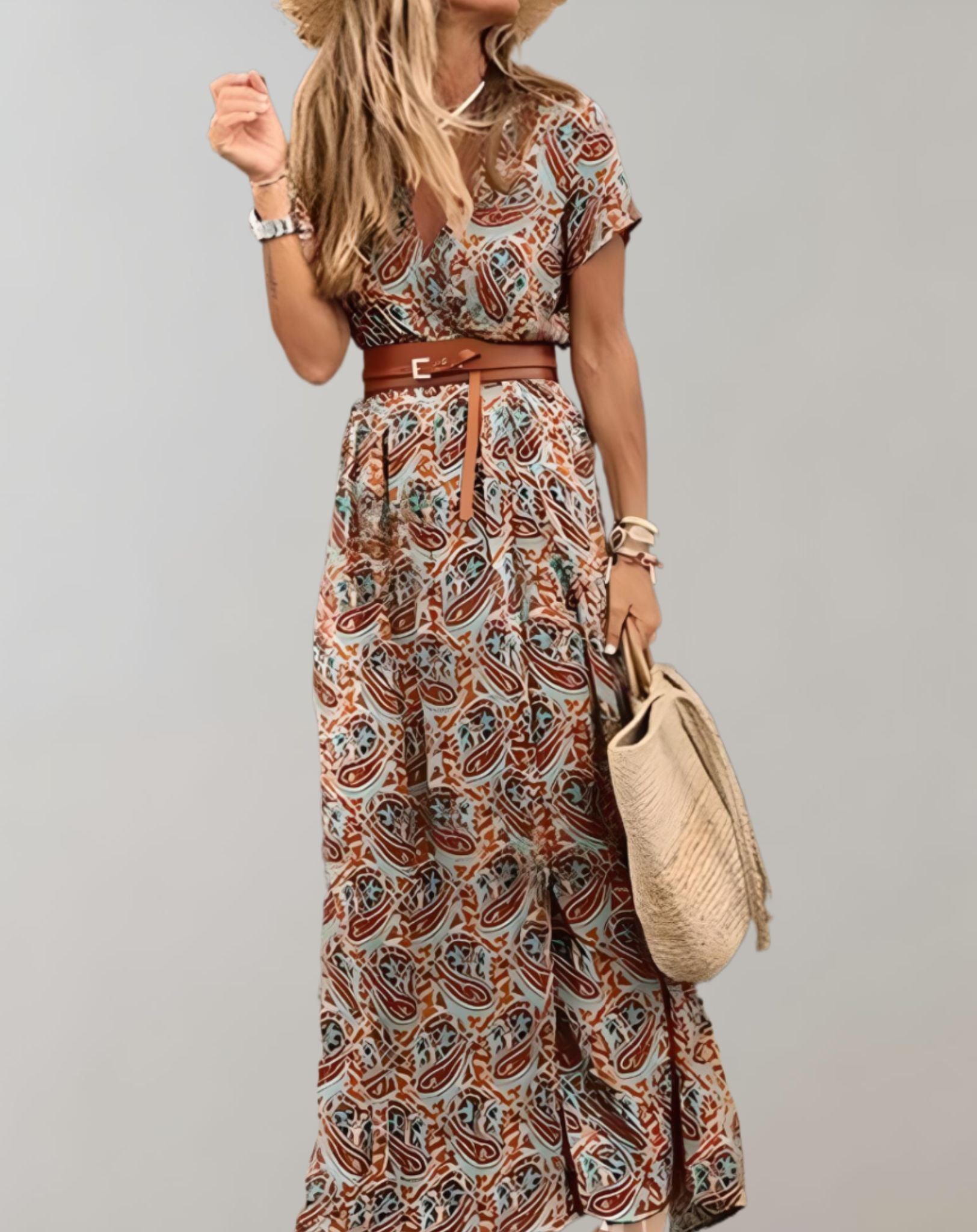 Lyka - Schmal geschnittenes langes Kleid mit hohem Schlitz und braunem Gürtel Kleid