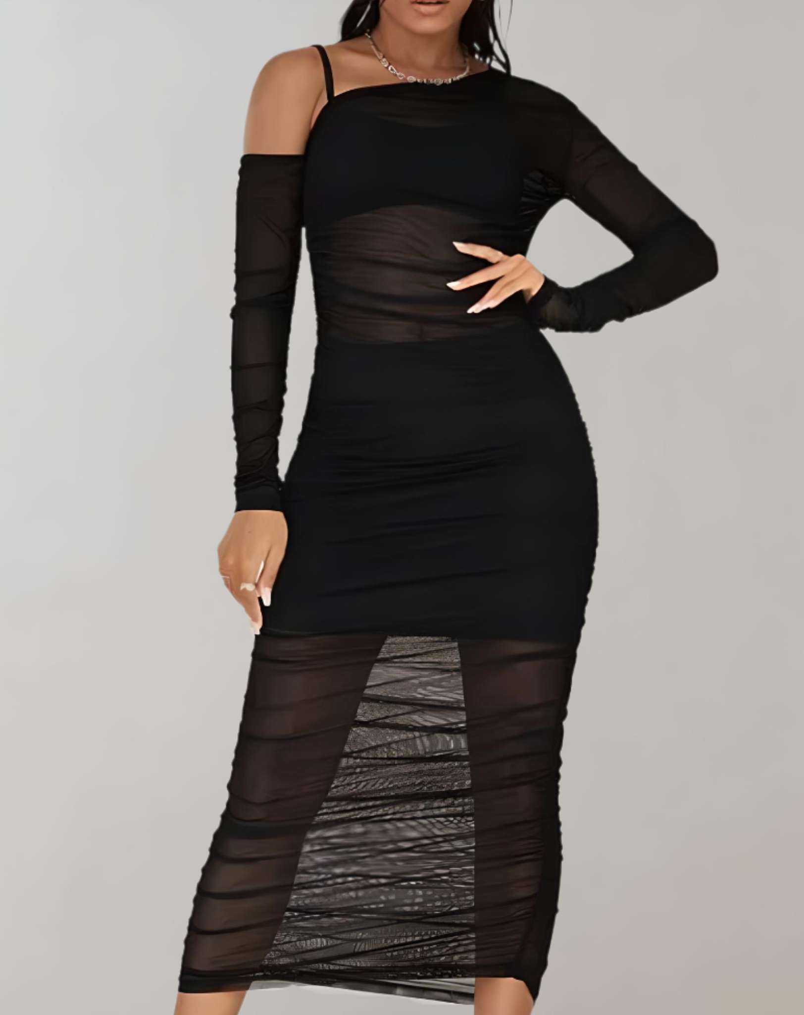 Maggie - Schwarzes einschultriges durchsichtiges Kleid