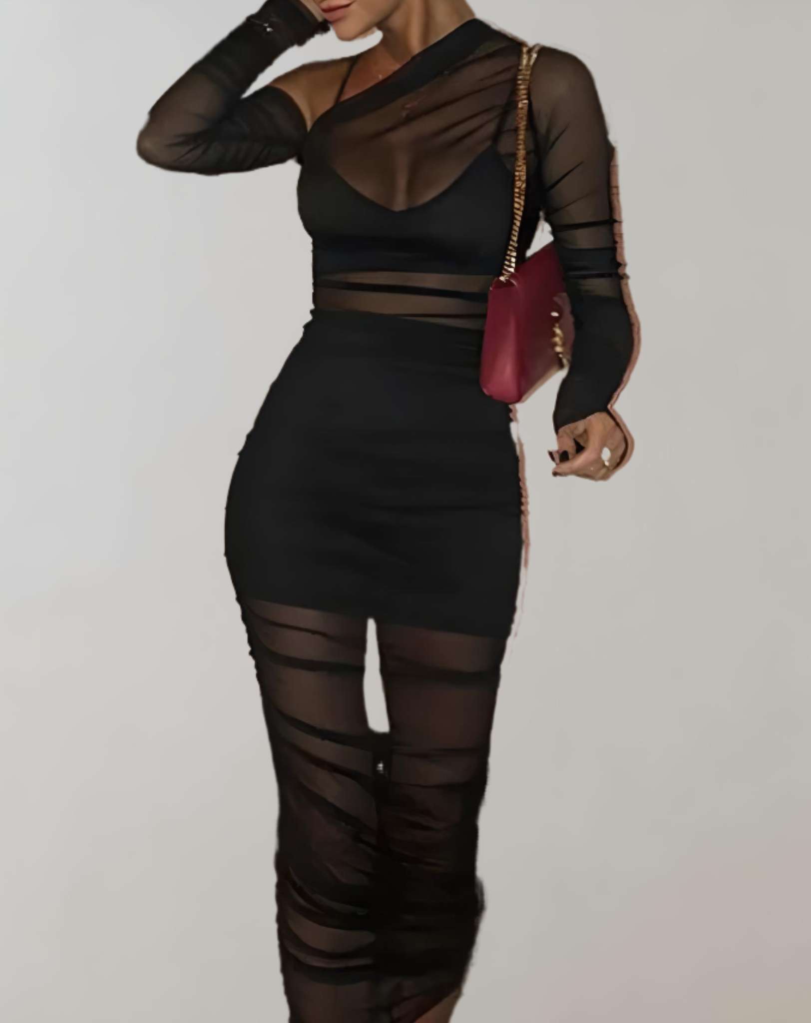 Maggie - Schwarzes einschultriges durchsichtiges Kleid