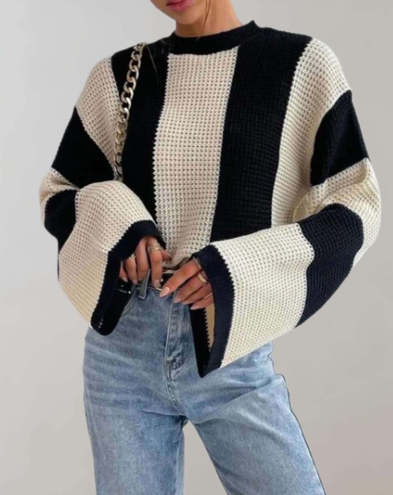 Merielle - Übergroßer Strickpullover mit Rundhalsausschnitt und vertikalem Streifendesign Sweater