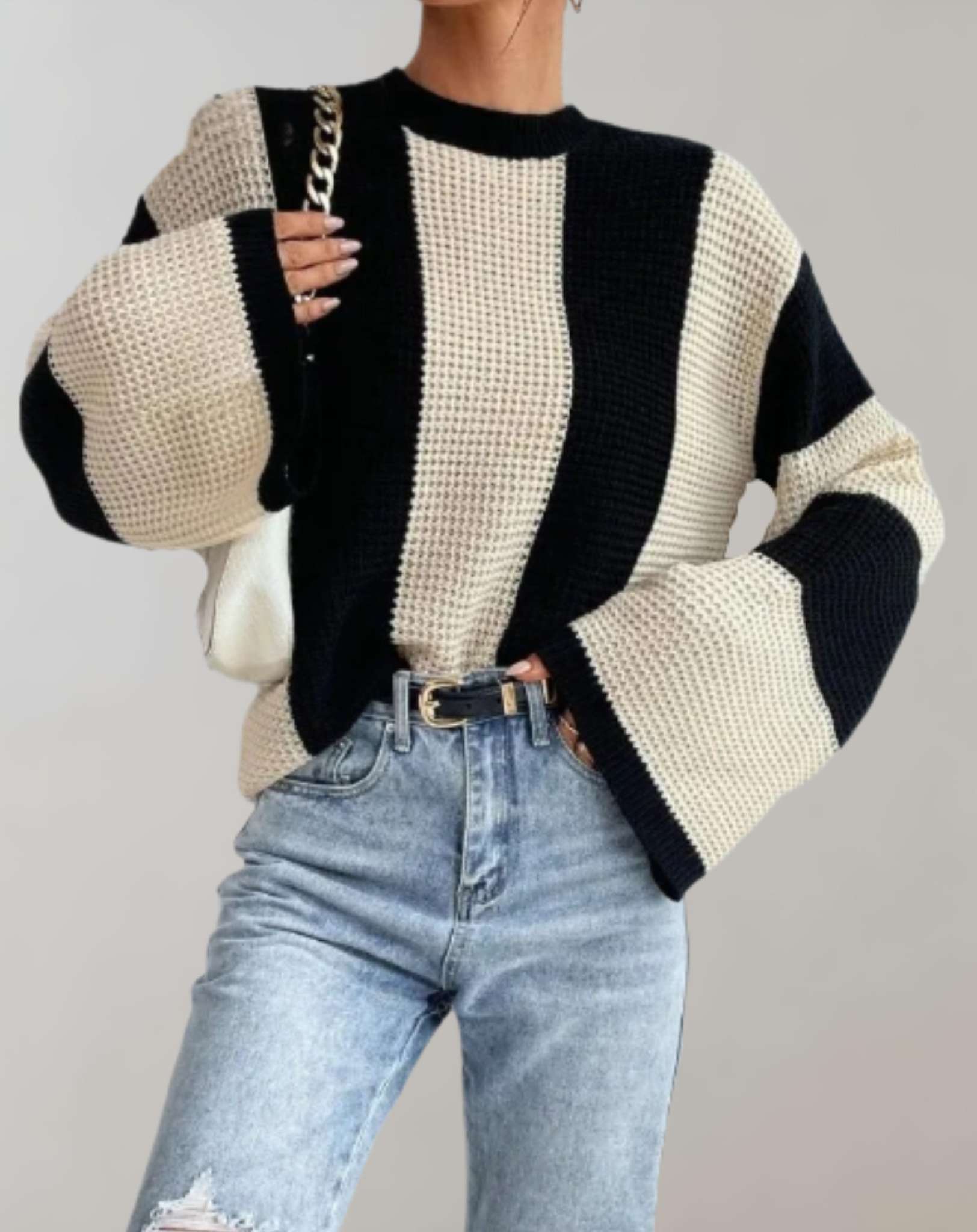 Merielle - Übergroßer Strickpullover mit Rundhalsausschnitt und vertikalem Streifendesign Sweater