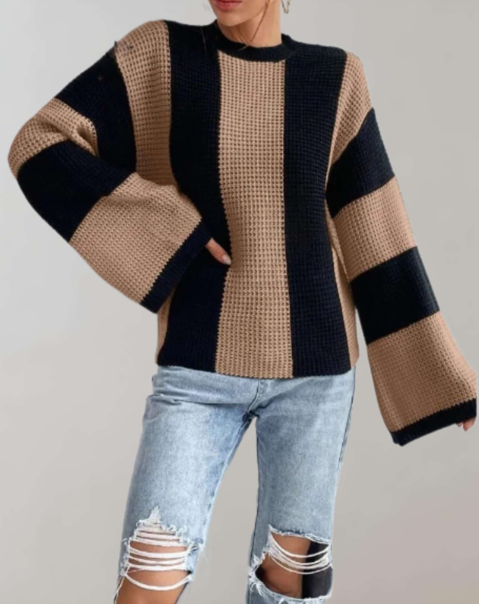 Merielle - Übergroßer Strickpullover mit Rundhalsausschnitt und vertikalem Streifendesign Sweater