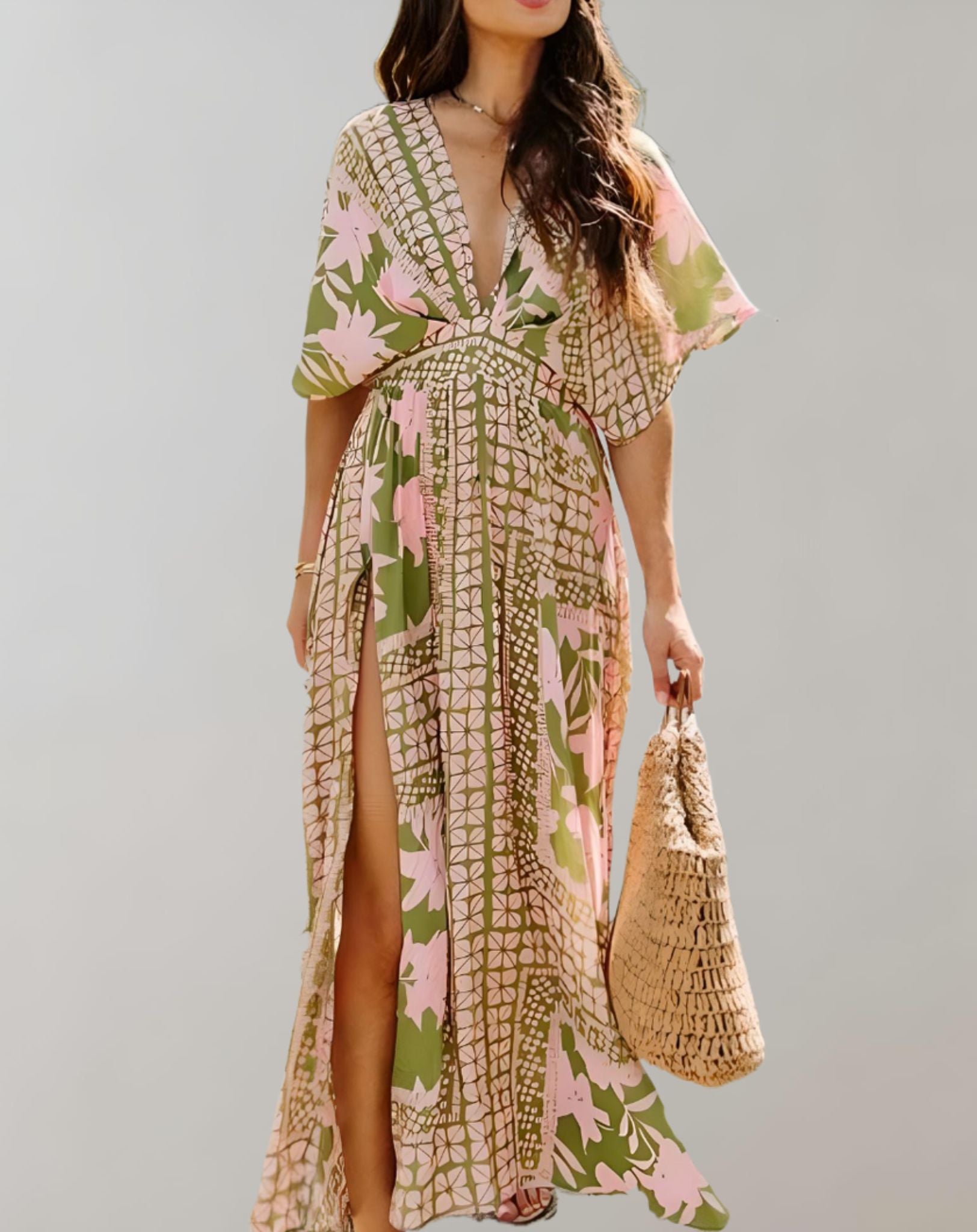 Nathalia- Langes Kleid mit hohem Schlitz aus fließendem Stoff und sommerlichem Design Kleid