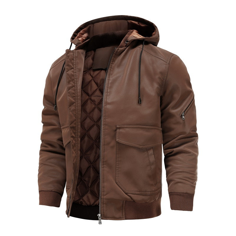 Herren Lederjacke mit Kapuze – Stylische braune Übergangsjacke, gefüttert und wasserabweisend