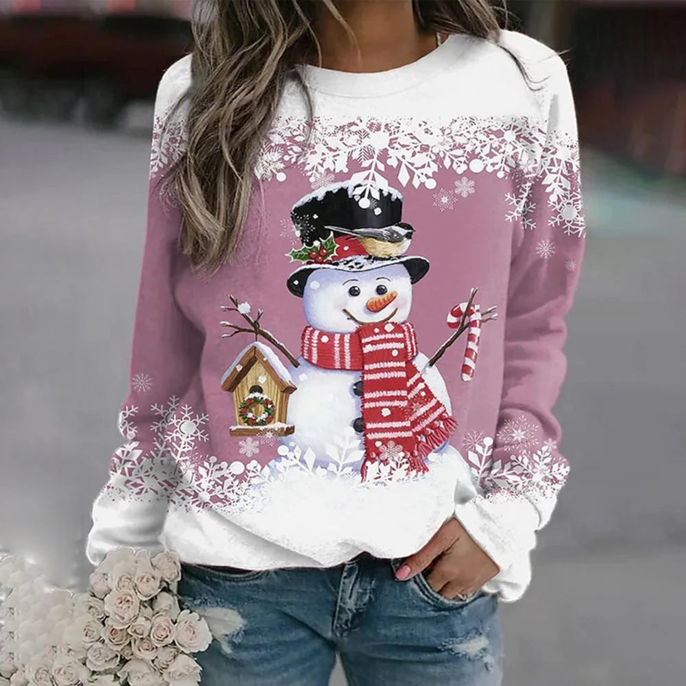 Damen Weihnachtspullover mit Schneemann-Motiv – Winterlicher Langarm-Sweater für die Feiertage