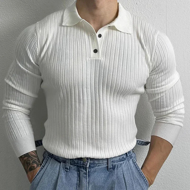 Stylisches Herren Strick Polohemd – Slim Fit, Langarm und Gerippt
