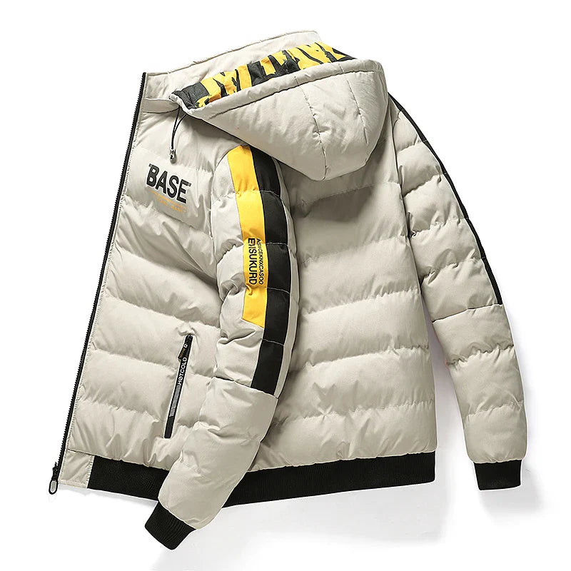 Stylische Herren Winterjacke - warm gefütterte Steppjacke mit Kapuze, gelb, sportlicher Casual-Look