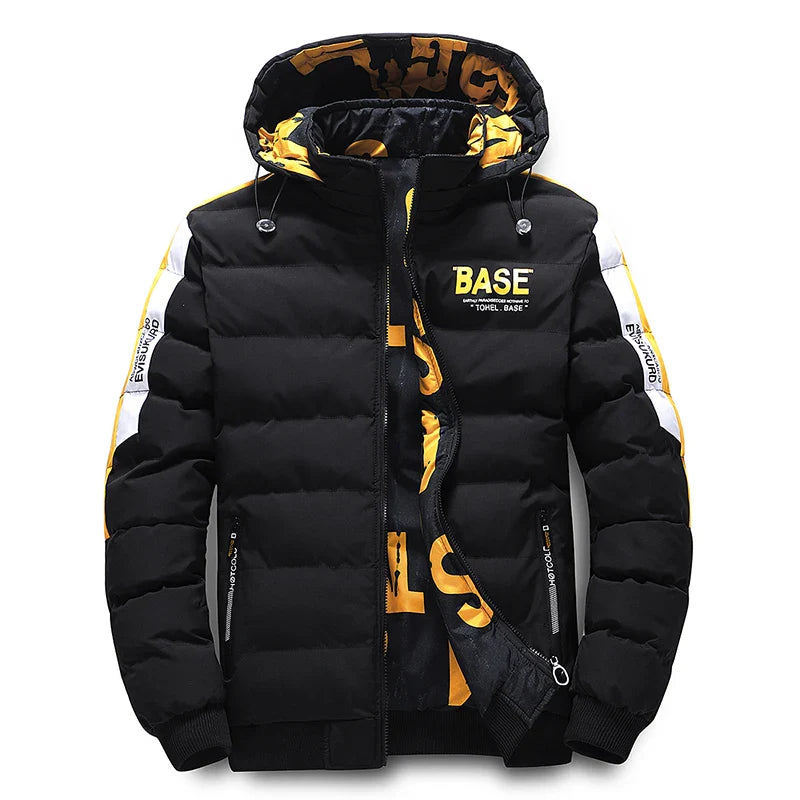 Stylische Herren Winterjacke - warm gefütterte Steppjacke mit Kapuze, gelb, sportlicher Casual-Look