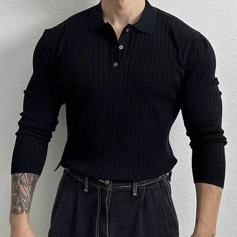 Stylisches Herren Strick Polohemd – Slim Fit, Langarm und Gerippt