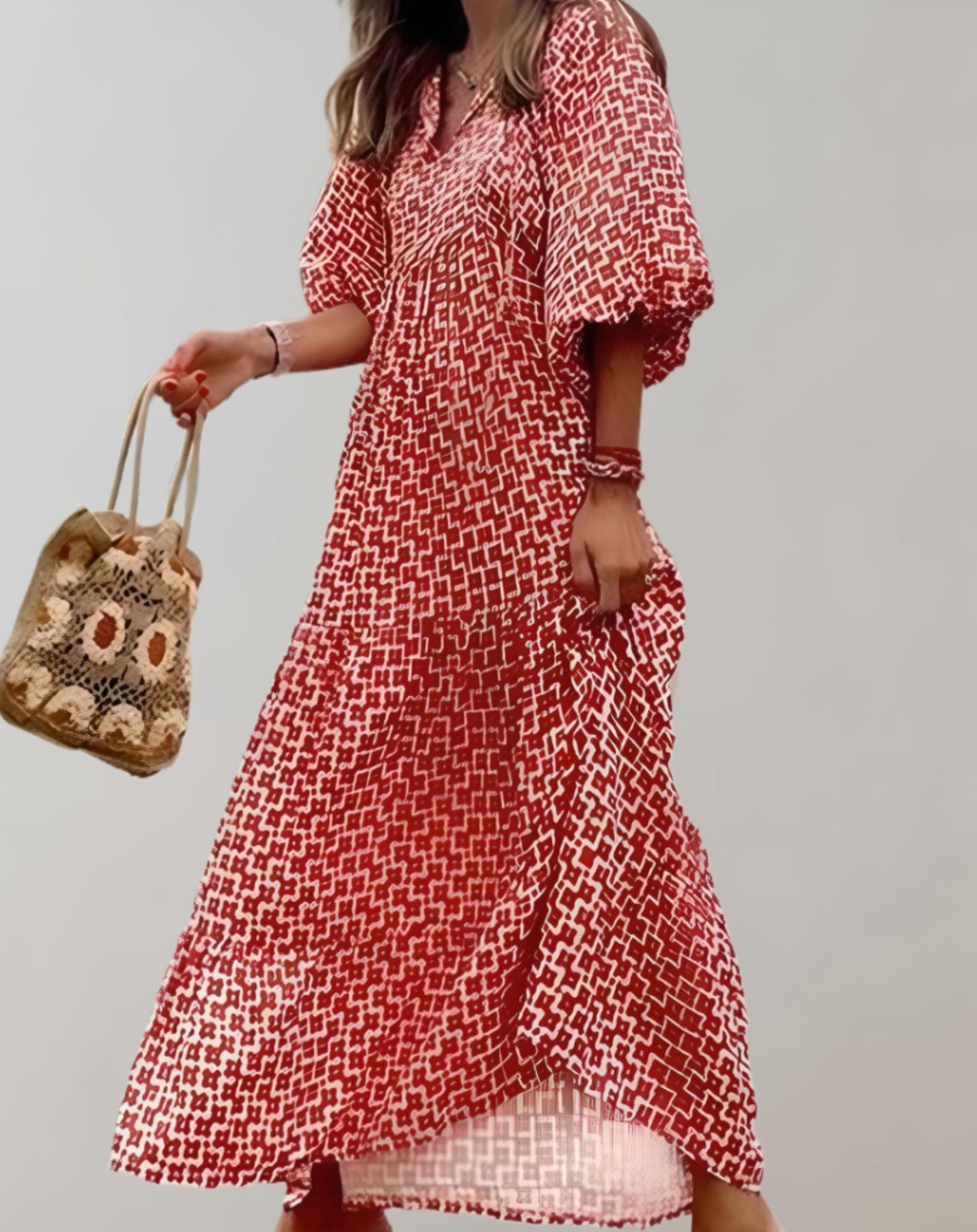 Dana -  Lockeres langes Kleid mit halblangen Puffärmeln und zufälligem Design Kleid