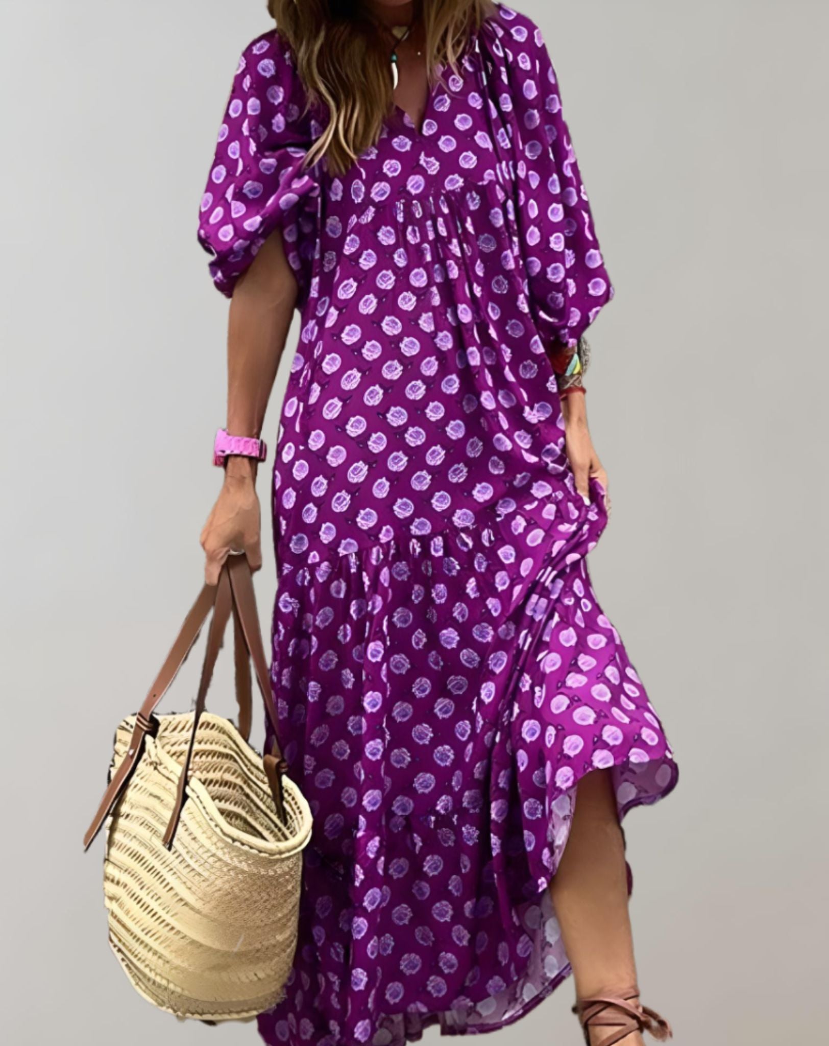 Dana -  Lockeres langes Kleid mit halblangen Puffärmeln und zufälligem Design Kleid